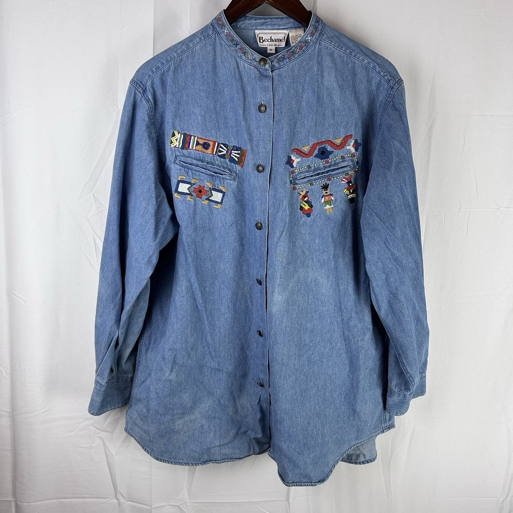 Bechamel‎ Native Beaded Western Button Shirt Womens Medium Blue Long Sleeve